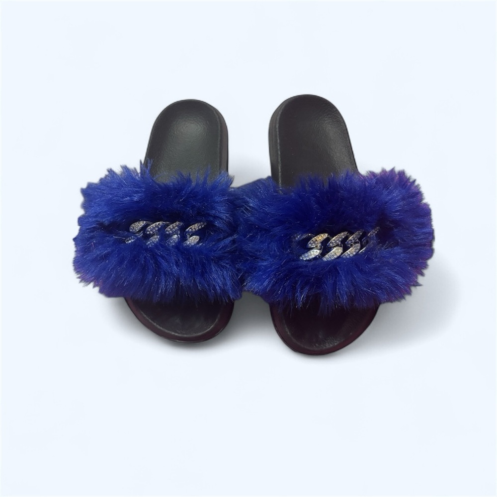 Fuzzy Blue Slide Sandals with Silver Accents